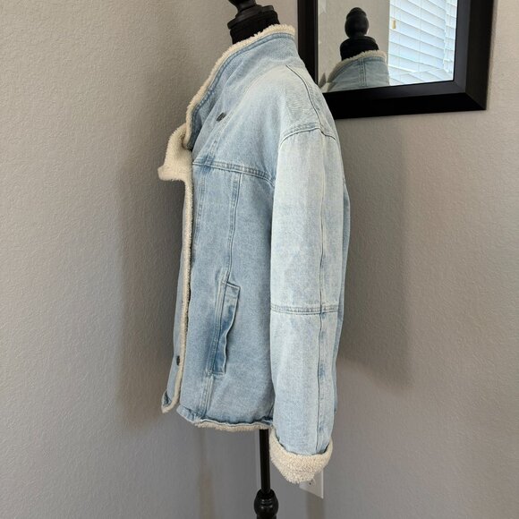 FREE PEOPLE We the Free Twisted Heart Cozy Blue Denim Fleece Jacket Medium - Picture 7 of 15